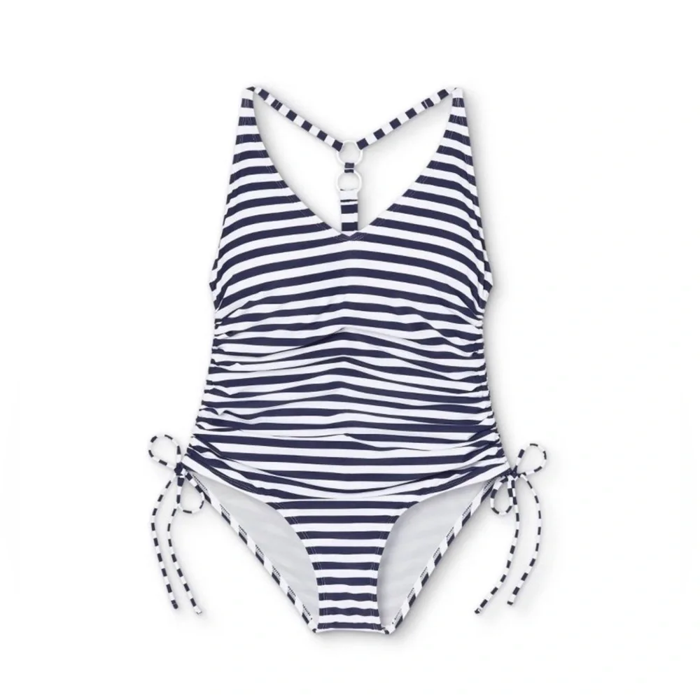 NEW Target women one piece white & navy blue stripe swimsuit swimwear size S - Picture 3 of 9